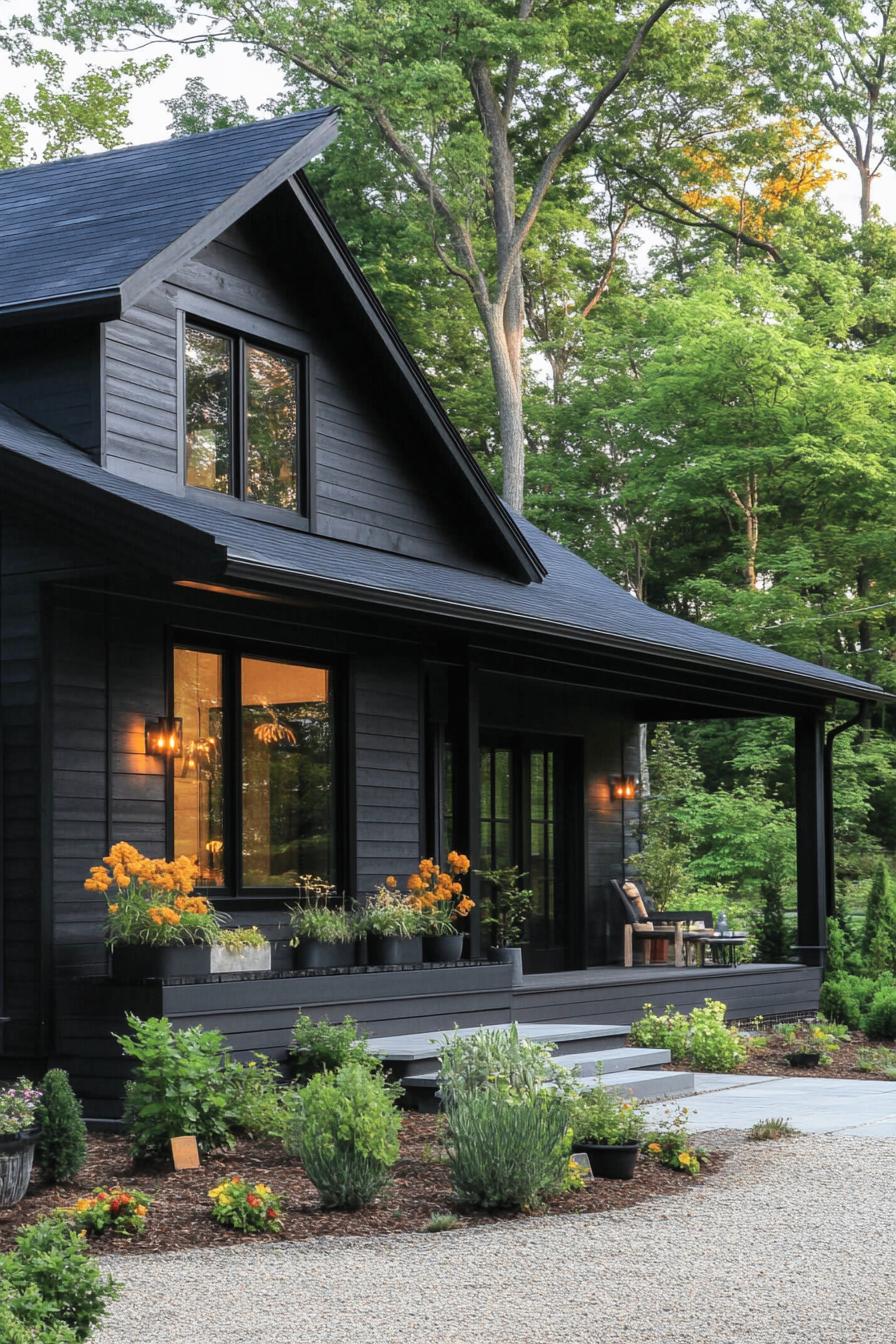 Dark wooden house with large windows surrounded by lush greenery