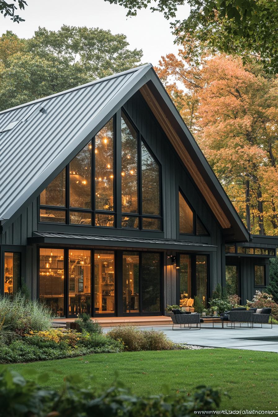 Modern barn house with large glass windows surrounded by autumn trees