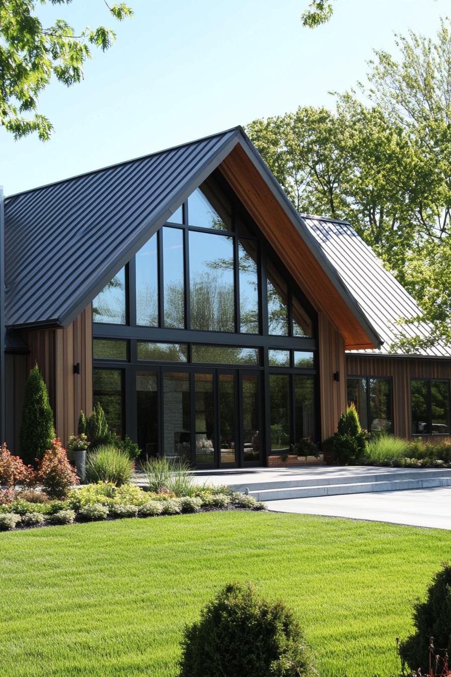 A modern barn house with large windows and lush surroundings