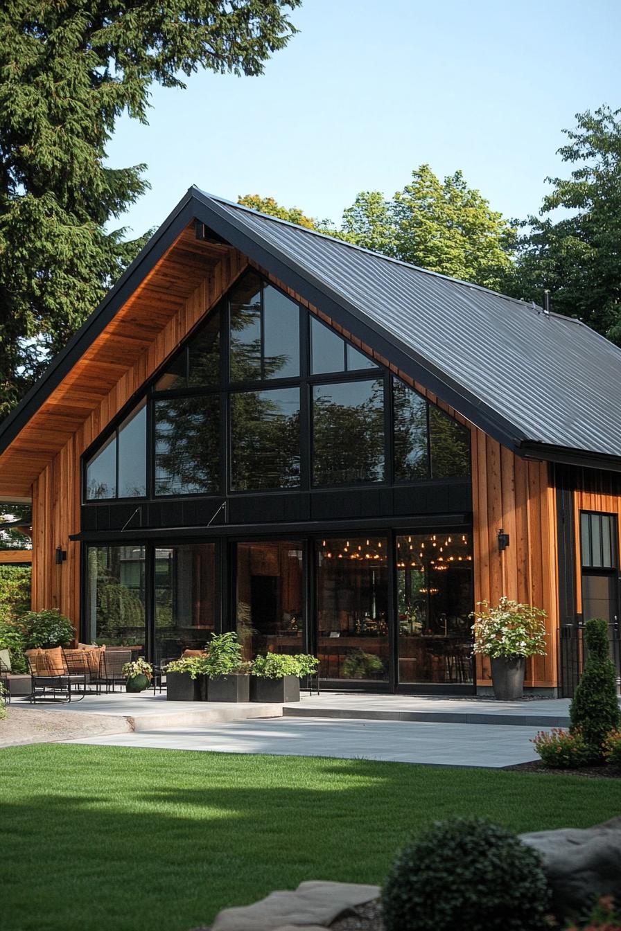 Modern barn house with large glass windows and a sloping roof amidst lush greenery