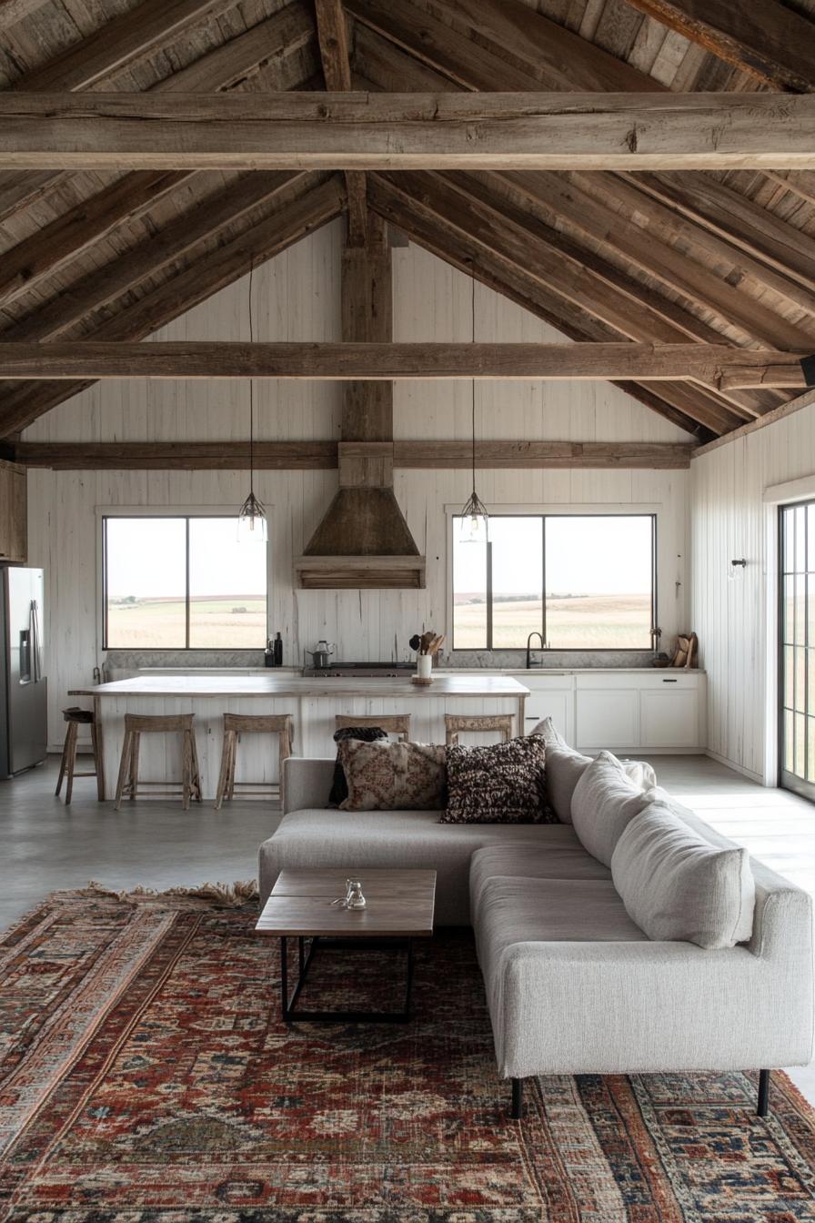 modern barndominium interior high vaulted ceiling in reclaimed wood exposed wooden beams whitewashed wood plank walls open plan kitchen at the far 1