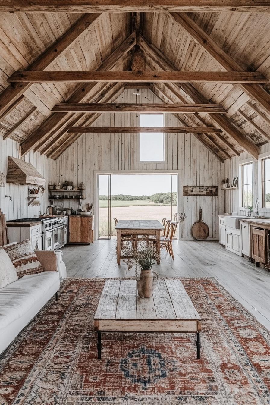 modern barndominium interior high vaulted ceiling in reclaimed wood exposed wooden beams whitewashed wood plank walls open plan kitchen at the far 2