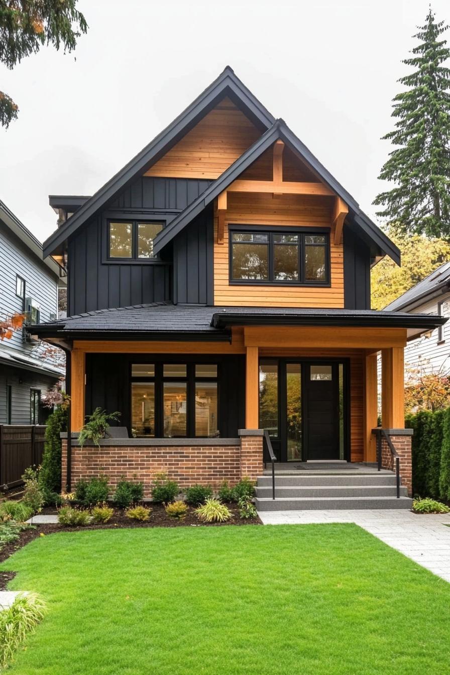 modern cottage with blakc horizontal siding natural wood details and exposed beams porch with brick foundation and black railings v 6.1