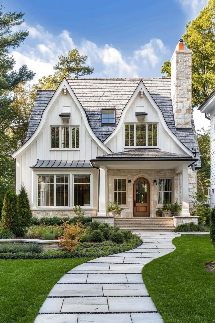 modern cottage with white clapboard siding stone grey multi pitch roof with dormers chimney large arched porch with columns and steps large white 1