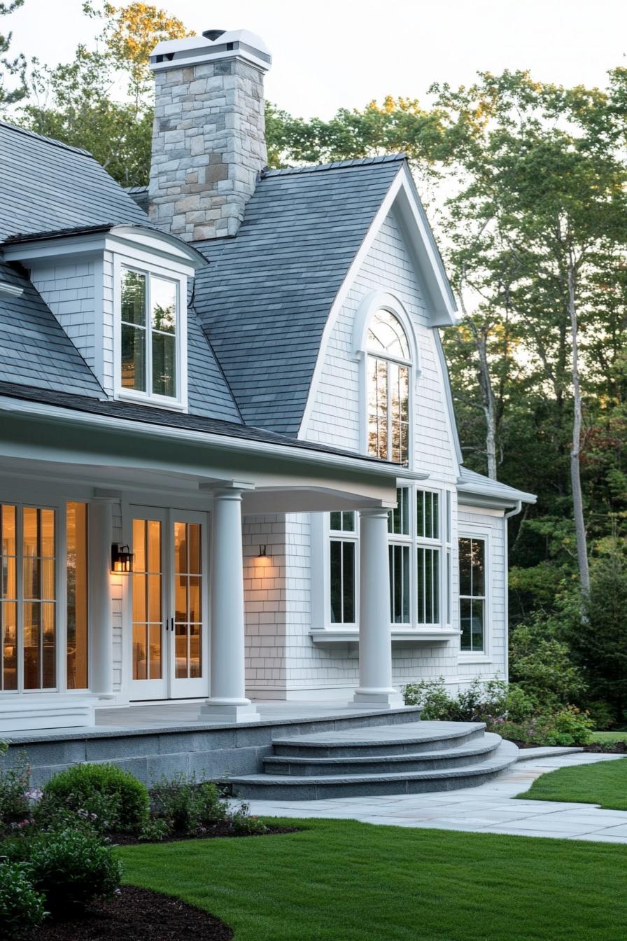 modern cottage with white clapboard siding stone grey multi pitch roof with dormers chimney large arched porch with columns and steps large white 2