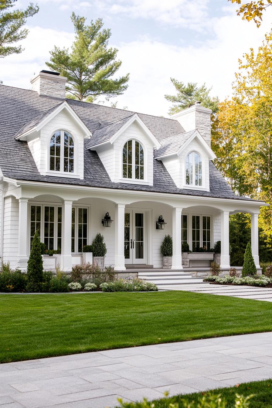 modern cottage with white clapboard siding stone grey multi pitch roof with dormers chimney large arched porch with columns and steps large white 3