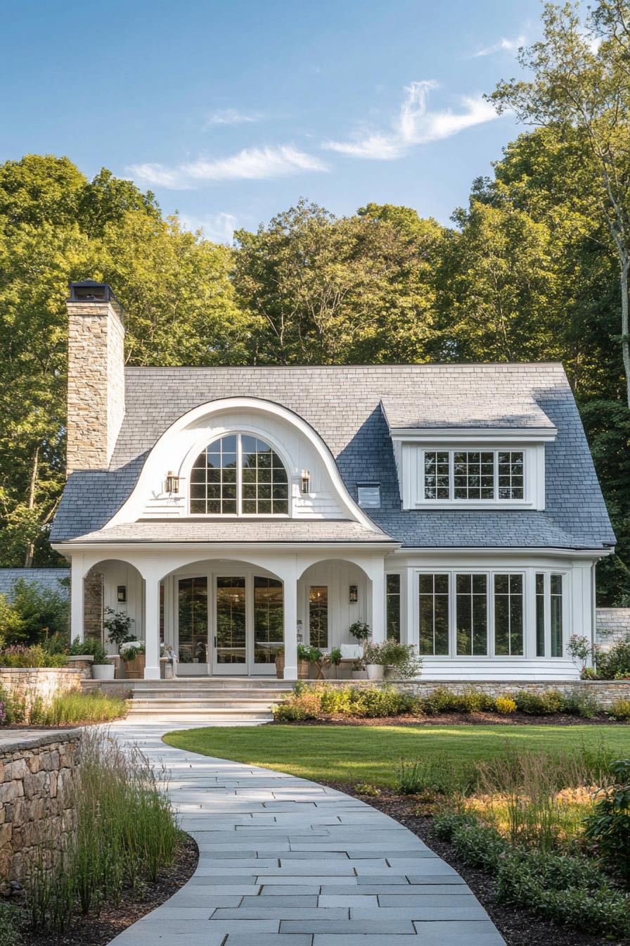 modern cottage with white clapboard siding stone grey multi pitch roof with dormers chimney large arched porch with columns and steps large white