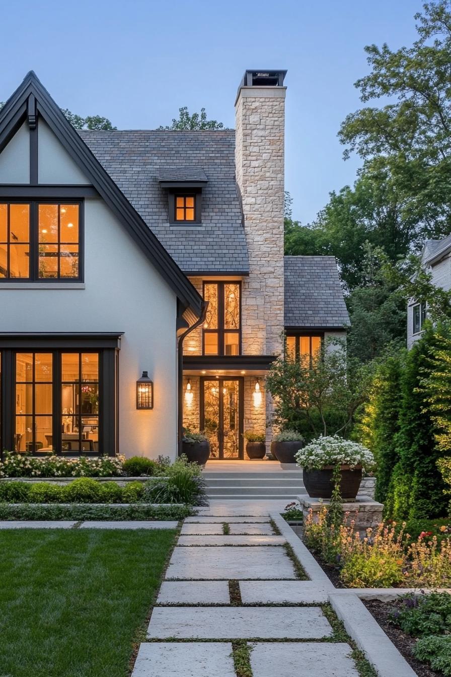 modern european cottage house with left side white stucco siding right side stone mosaic siding roof with multiple pitches and gables and a stone 1