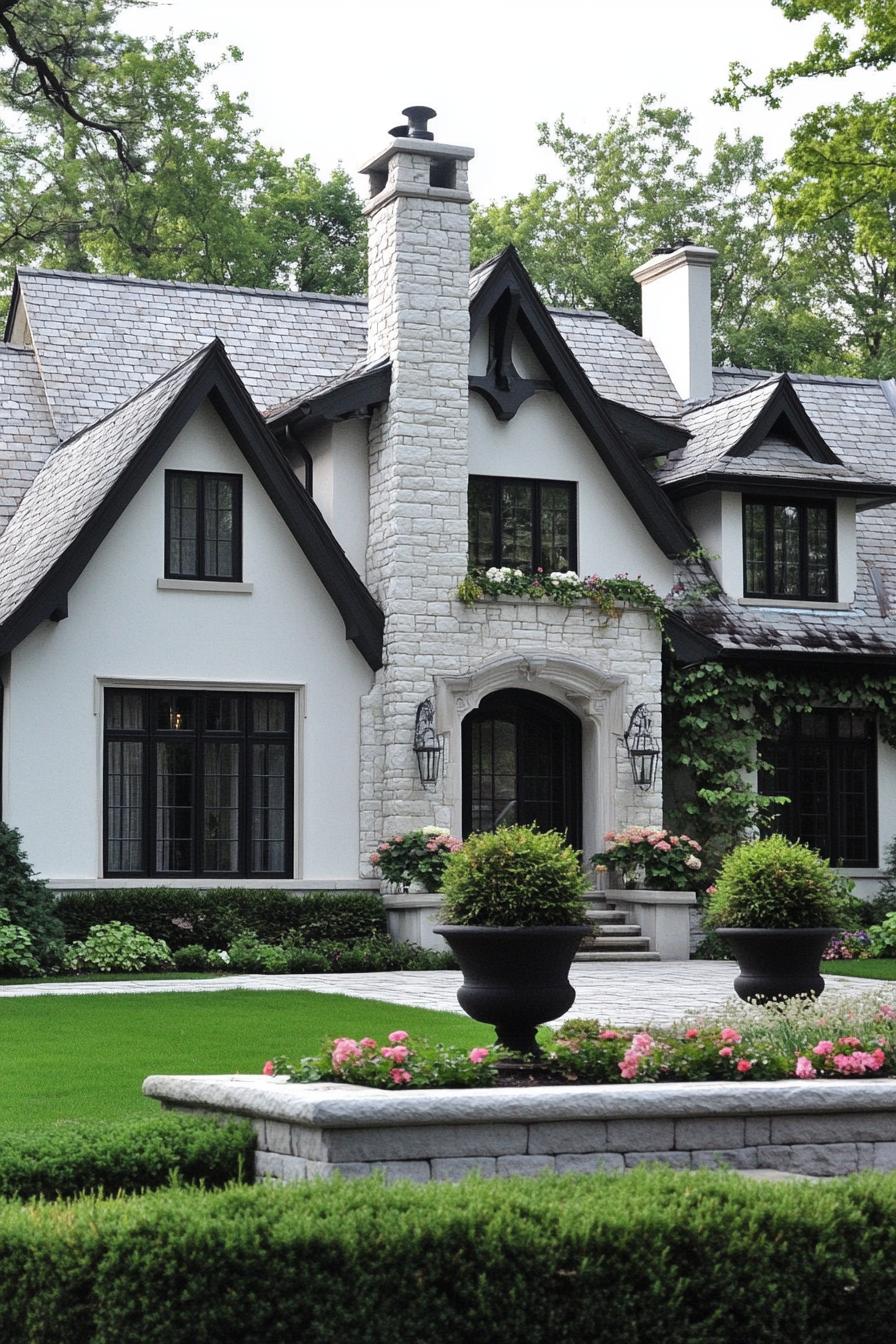 modern european cottage house with left side white stucco siding right side stone mosaic siding roof with multiple pitches and gables and a stone 2