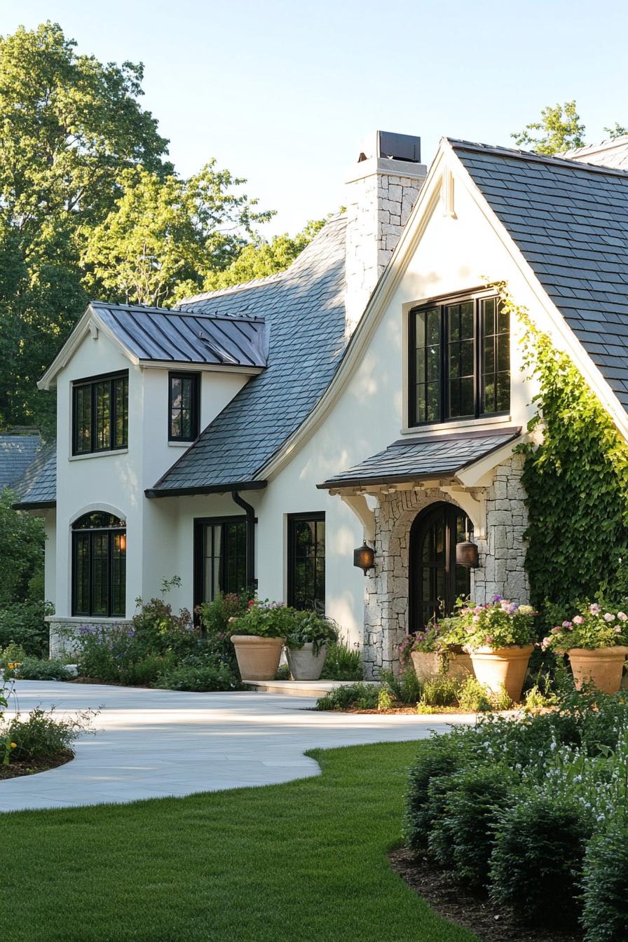 modern european cottage house with left side white stucco siding right side stone mosaic siding roof with multiple pitches and gables and a stone 3