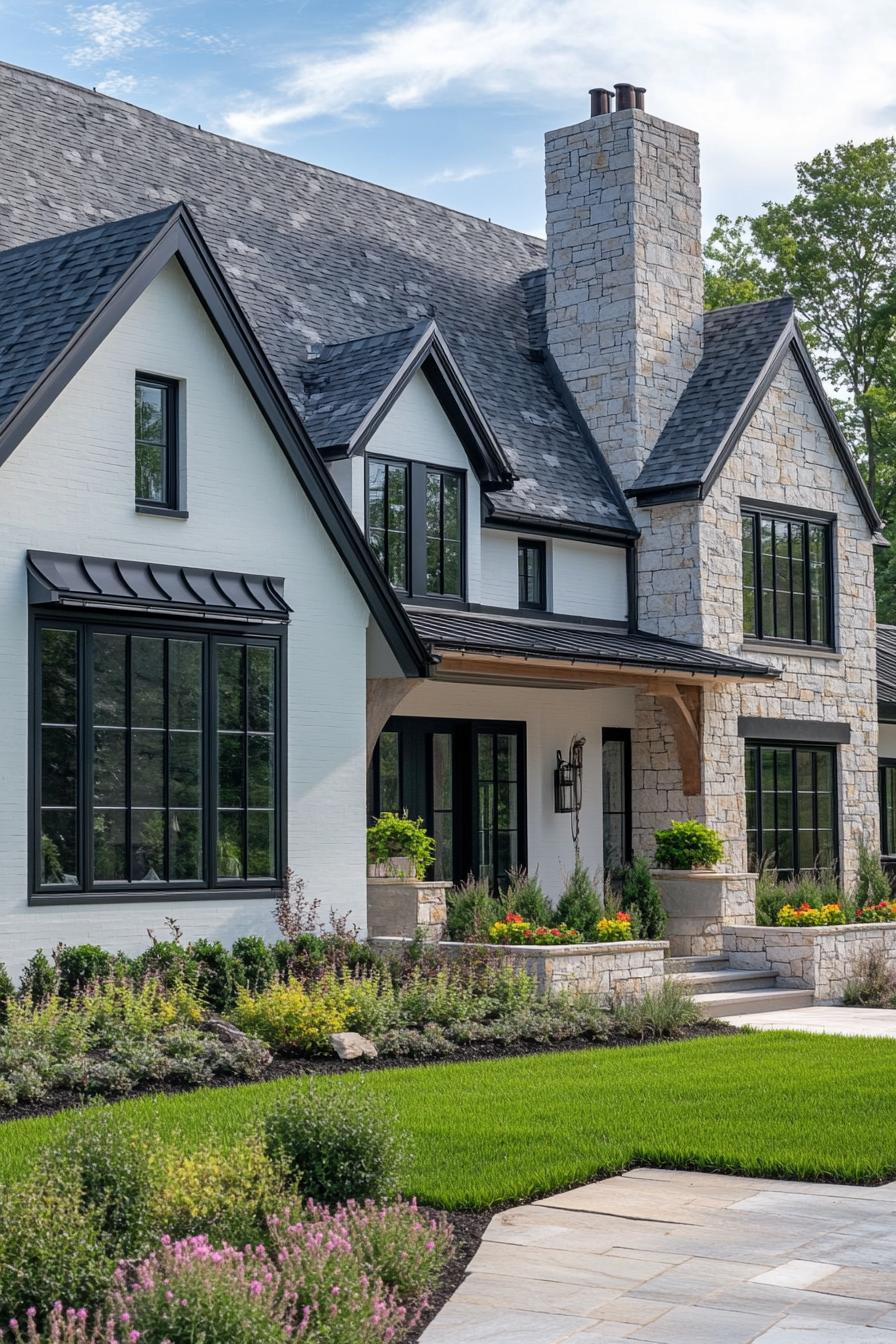 modern european cottage house with left side white stucco siding right side stone mosaic siding roof with multiple pitches and gables and a stone