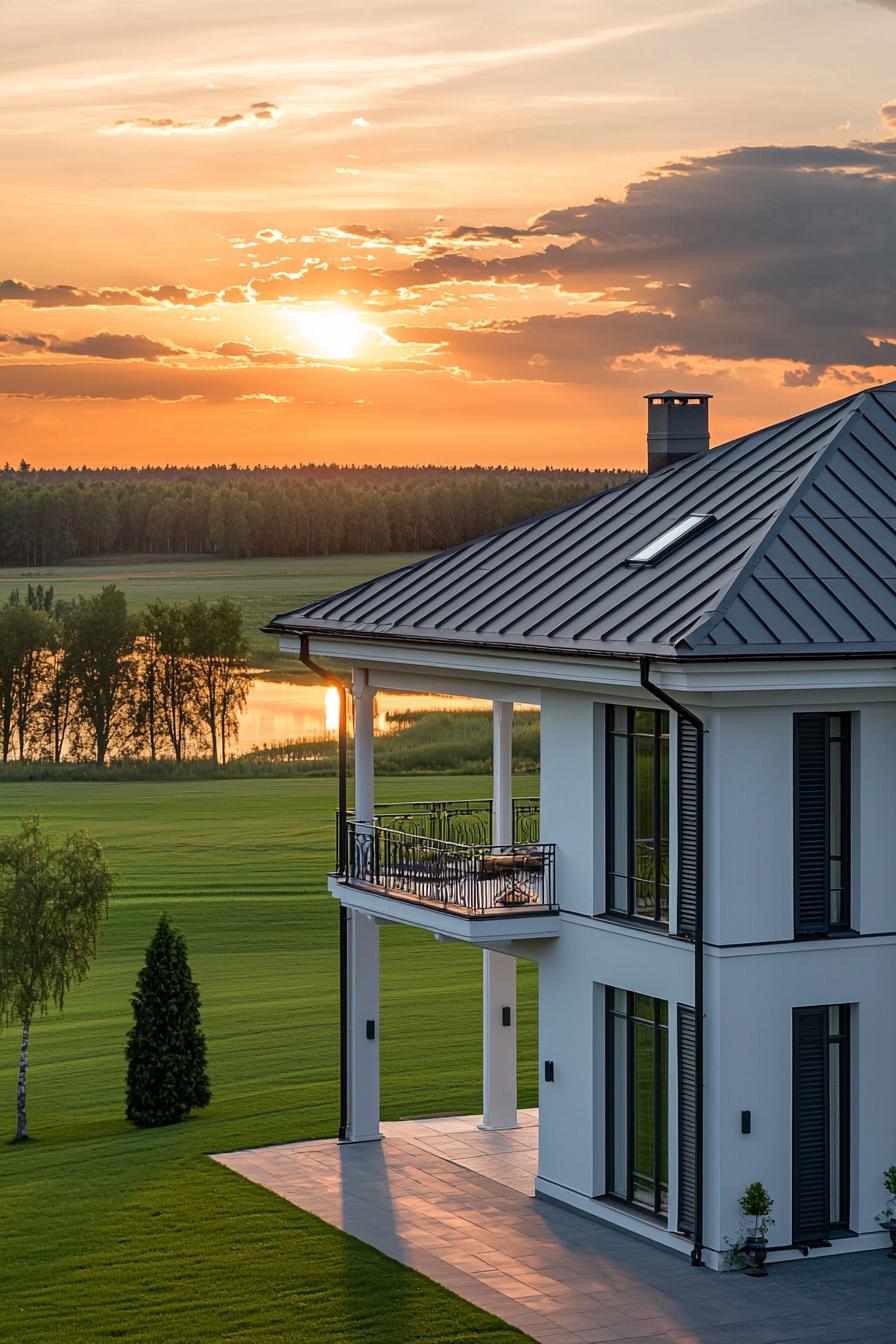 Sun setting over a modern farm mansion with vast green fields