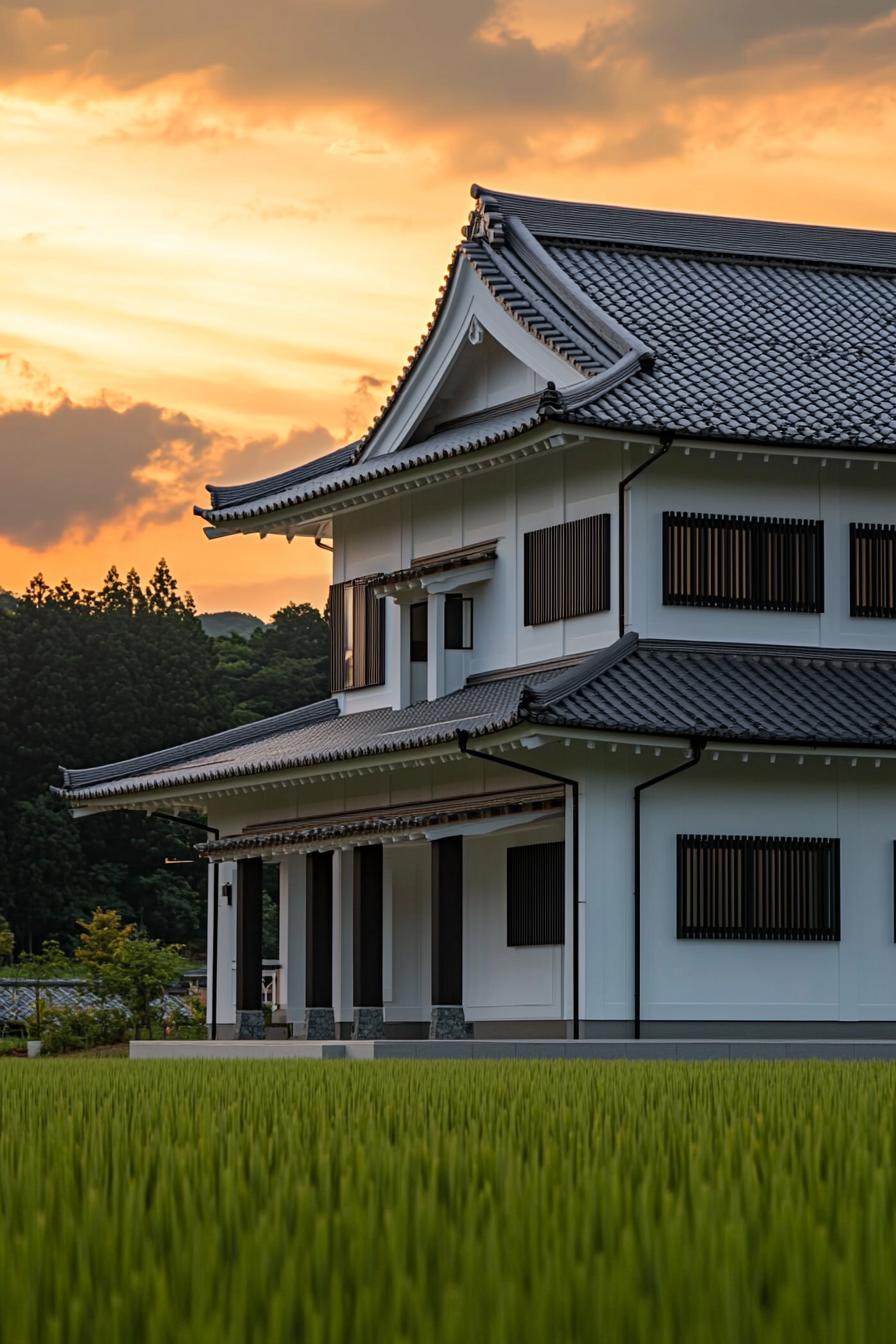 Japanese-style home with intricate roof design at sunset