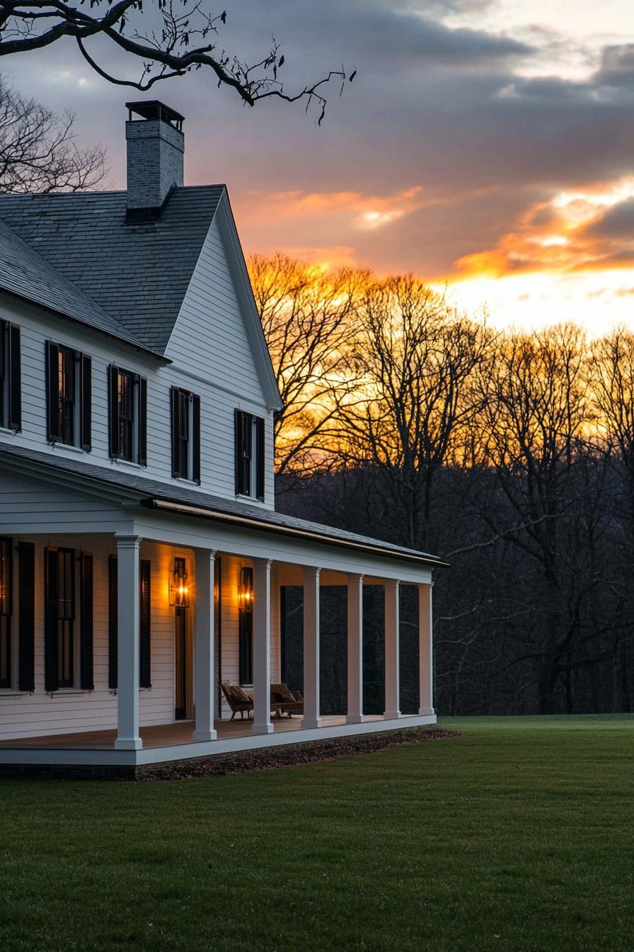 Farmhouse with wraparound porch and sunset backdrop