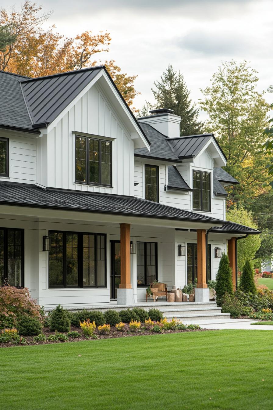 modern farmhouse with white siding white concrete foundation black multi pitched roof windows with black trim porch with natural wood beam posts 1