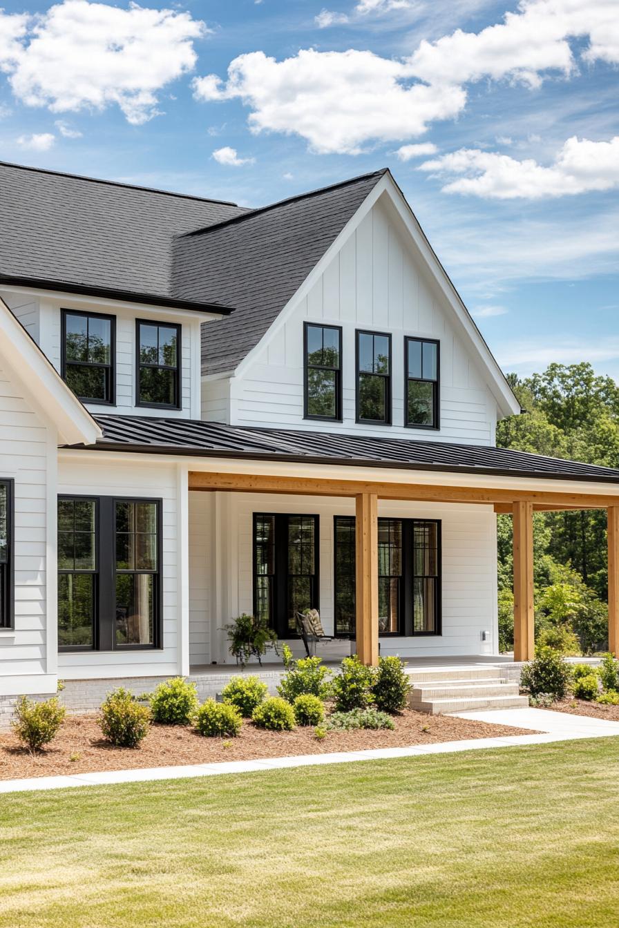 modern farmhouse with white siding white concrete foundation black multi pitched roof windows with black trim porch with natural wood beam posts 2