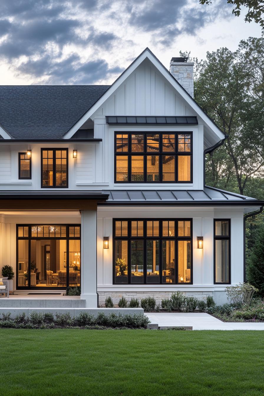 modern farmhouse with white siding white concrete foundation black multi pitched roof windows with black trim porch with natural wood beam posts 3