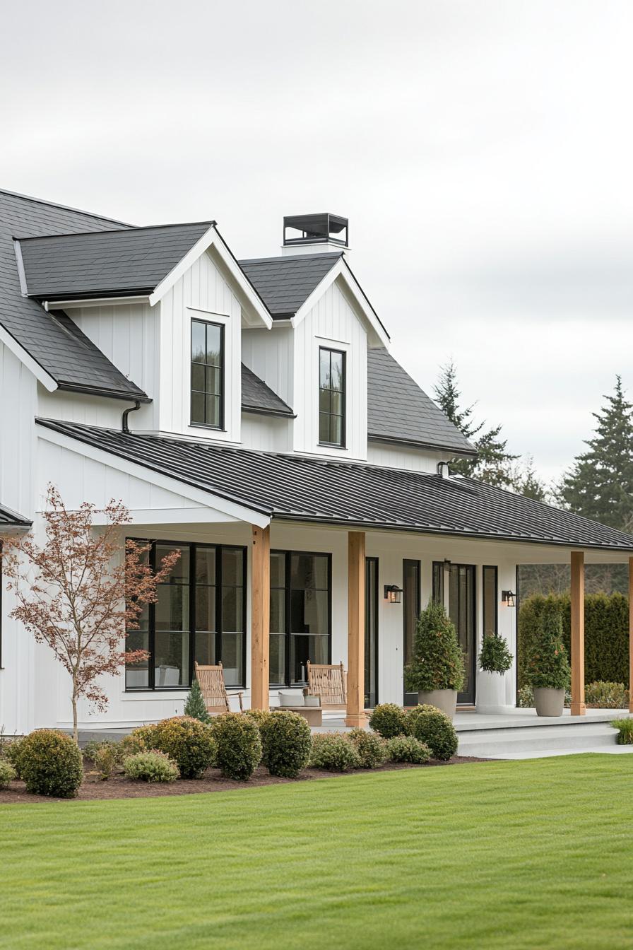 modern farmhouse with white siding white concrete foundation black multi pitched roof windows with black trim porch with natural wood beam posts