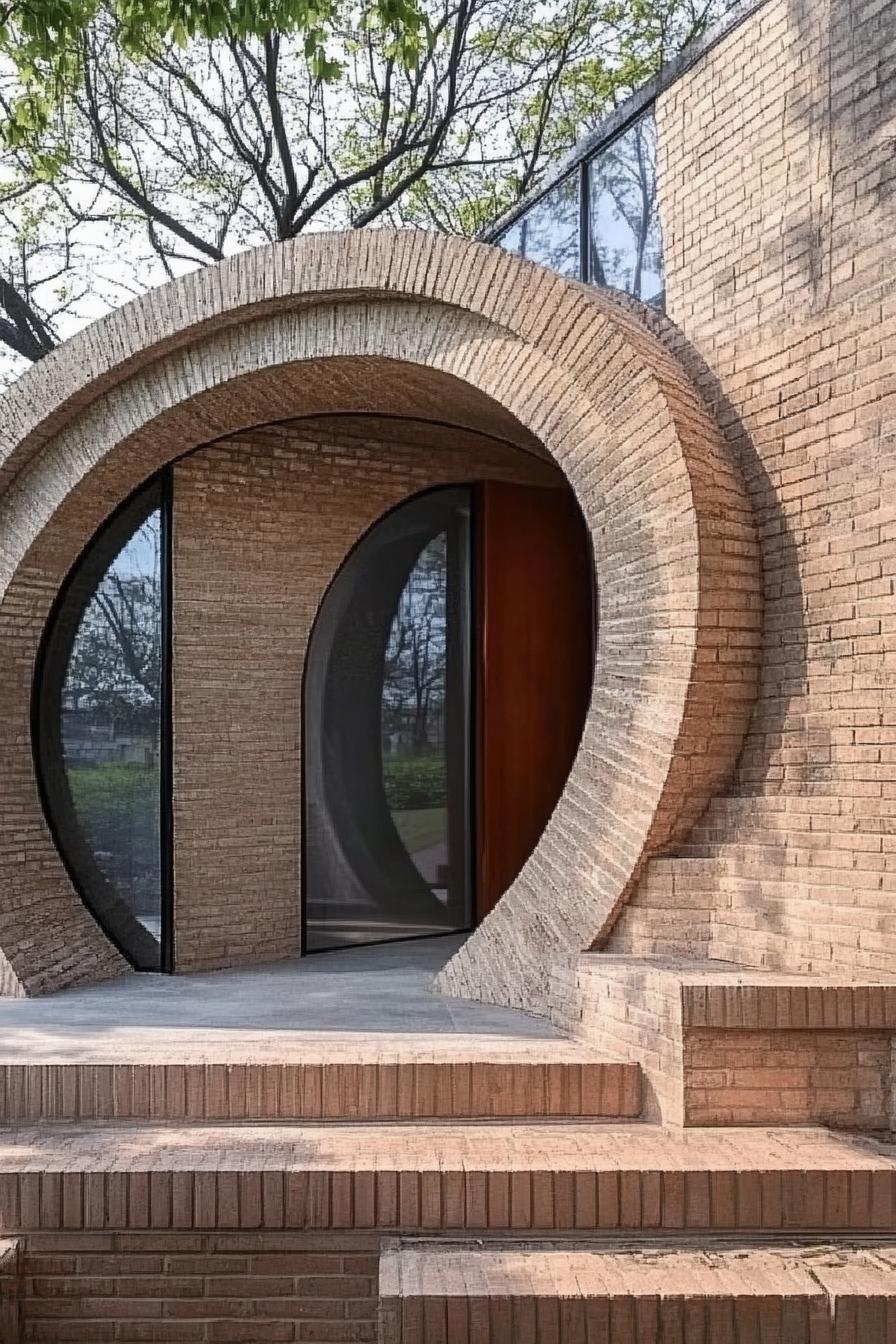 modern house facade with spiral shaped brick arch doorway