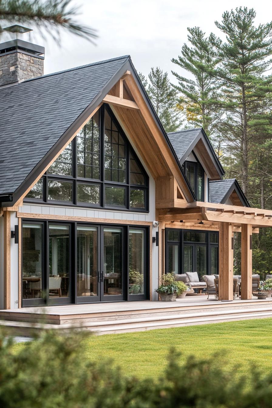 modern house with reclaimed timber cladding light grey wood decks large modern windows and glass doors with black trim a frame roof porch with 1