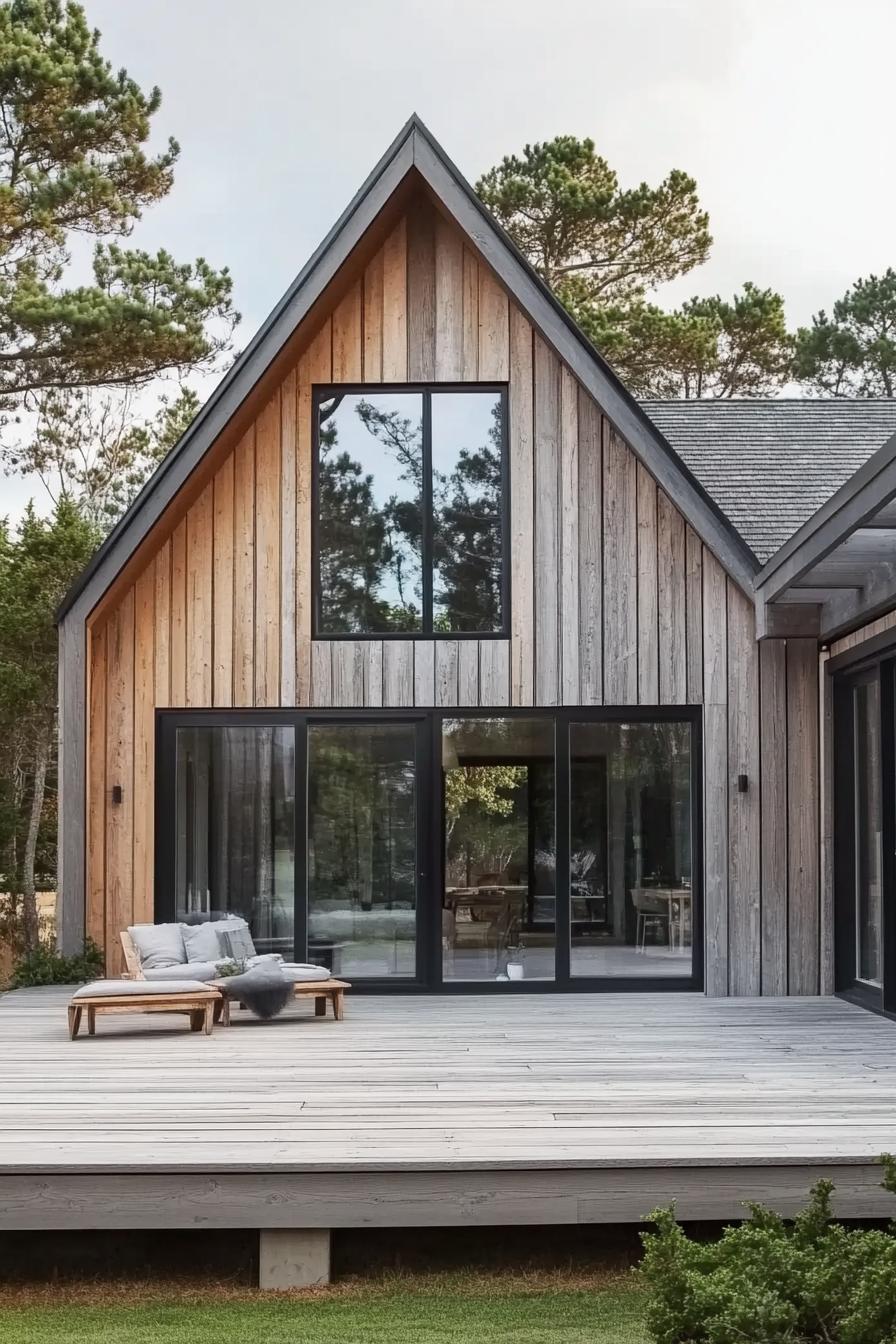 modern house with reclaimed timber cladding light grey wood decks large modern windows and glass doors with black trim a frame roof porch with 2