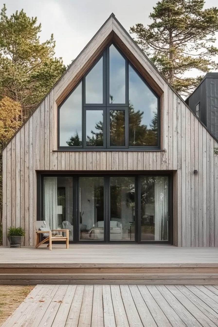 modern house with reclaimed timber cladding light grey wood decks large modern windows and glass doors with black trim a frame roof porch with 3