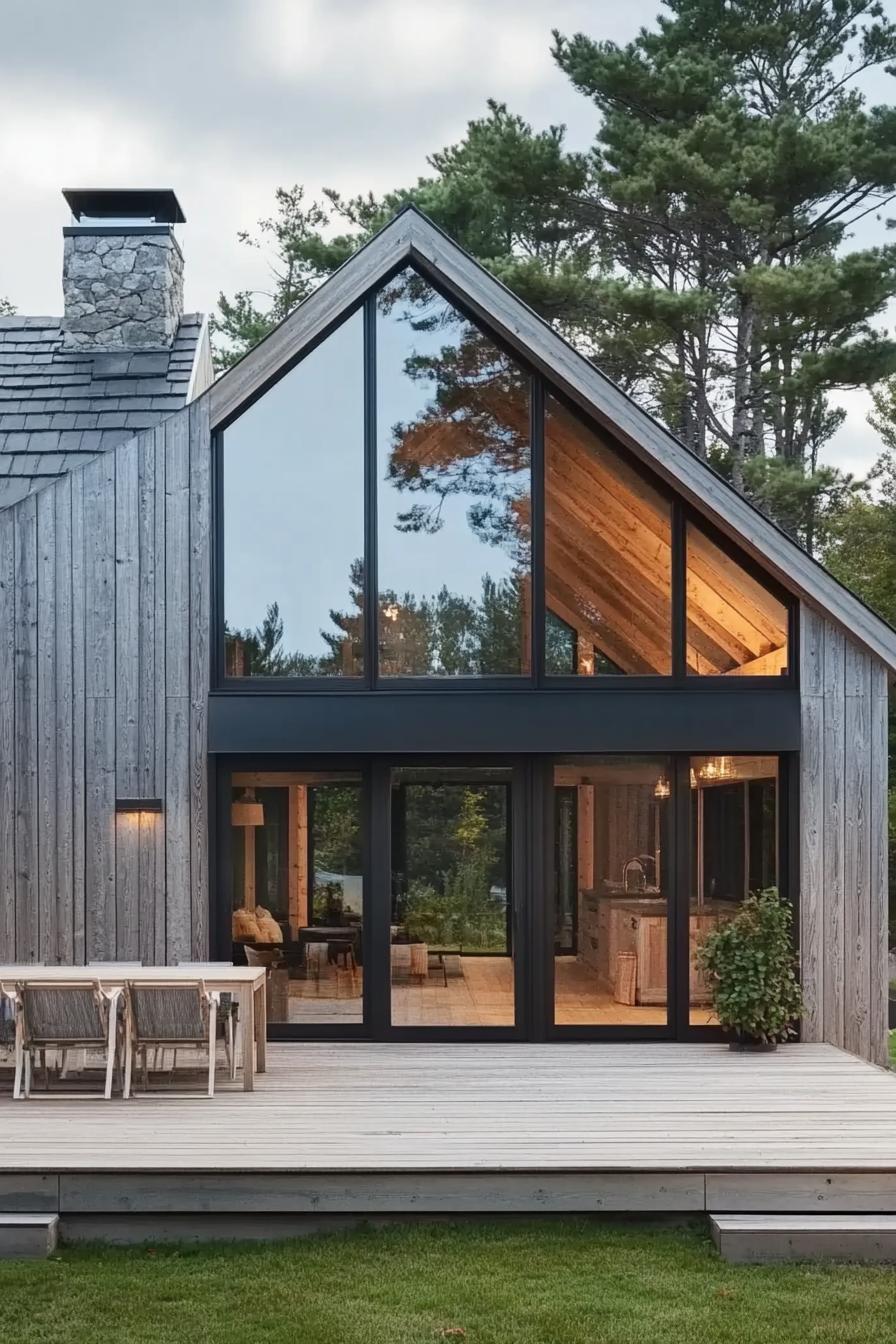 modern house with reclaimed timber cladding light grey wood decks large modern windows and glass doors with black trim a frame roof porch with 4