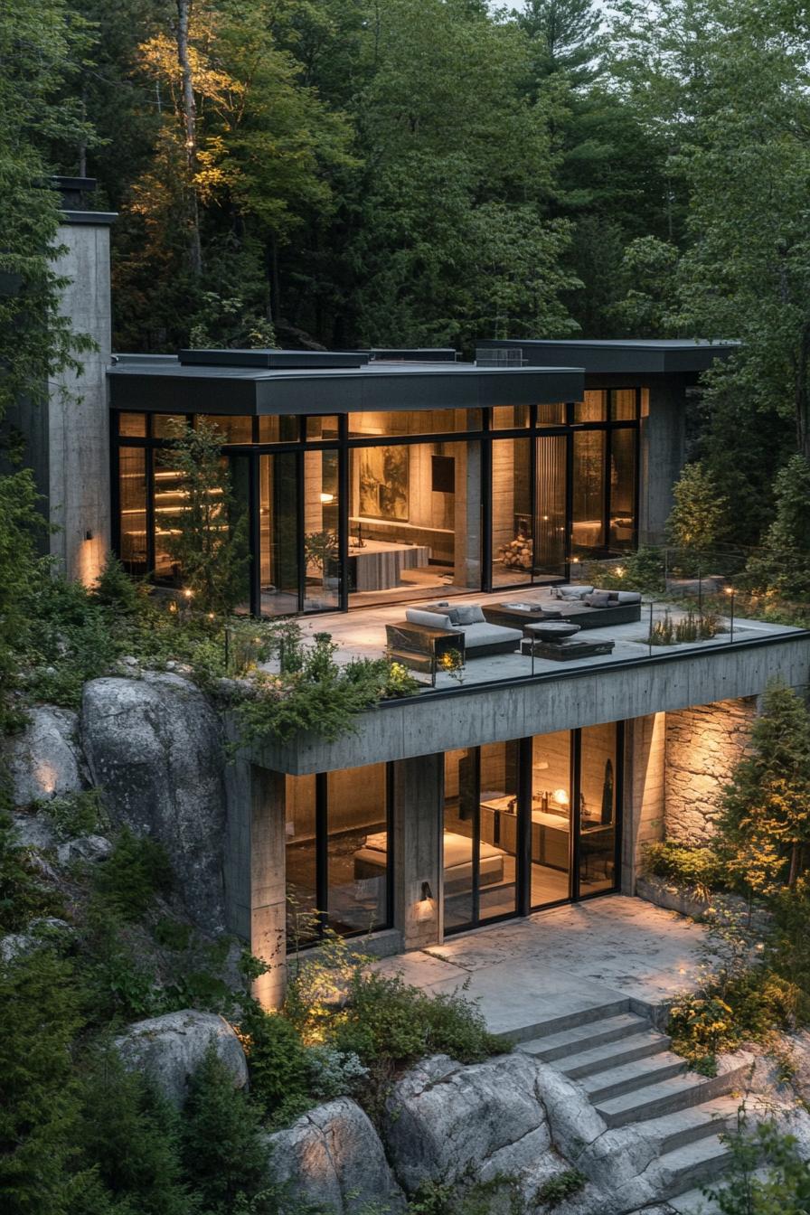 modern house with split level terraces on a slope concrete texture siding large glass windows rocky slope in a forest 1