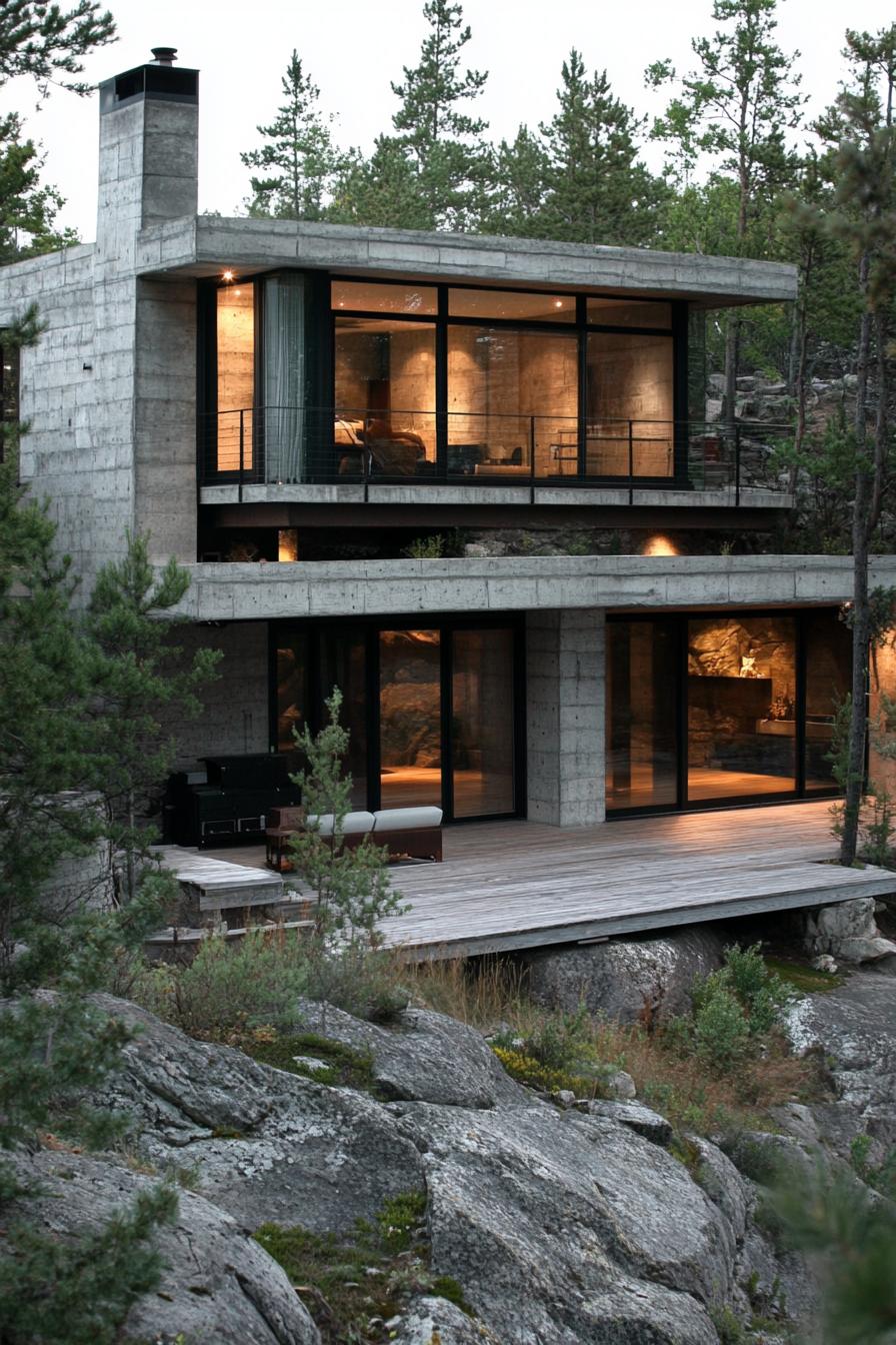 modern house with split level terraces on a slope concrete texture siding large glass windows rocky slope in a forest