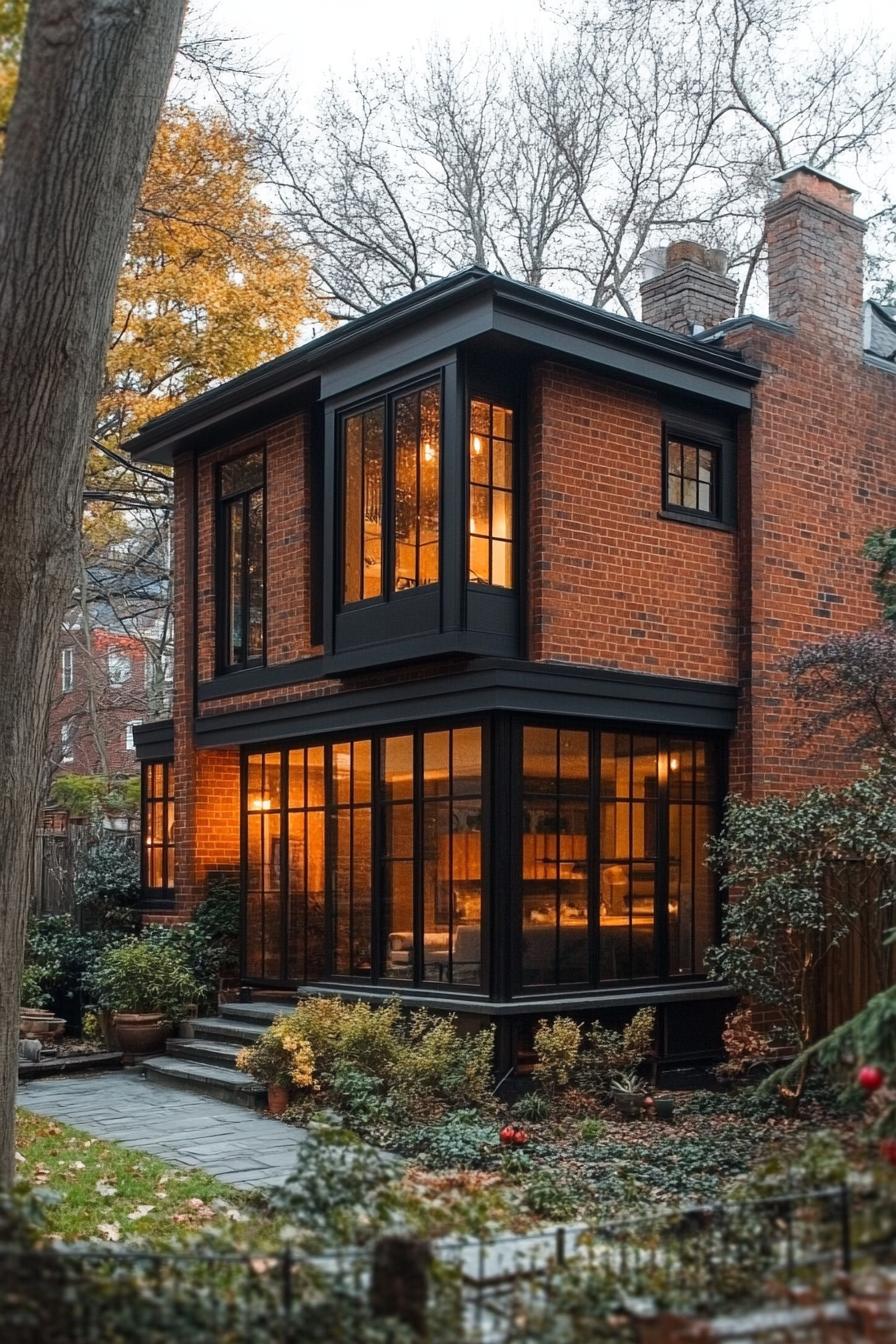 Two-story brick house with large windows and warm lighting