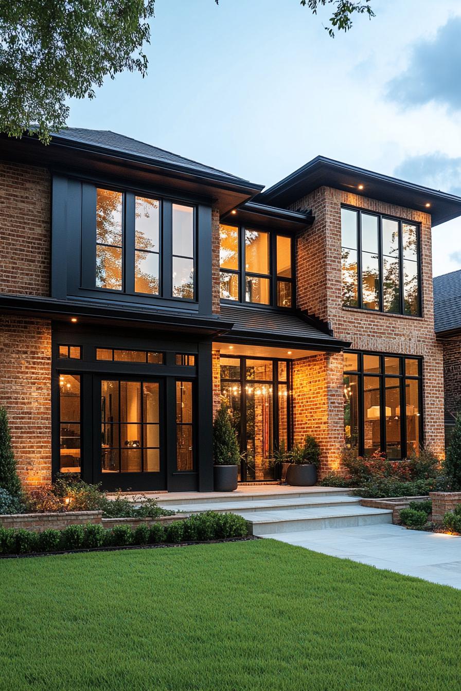 Modern two-story brick house with large windows