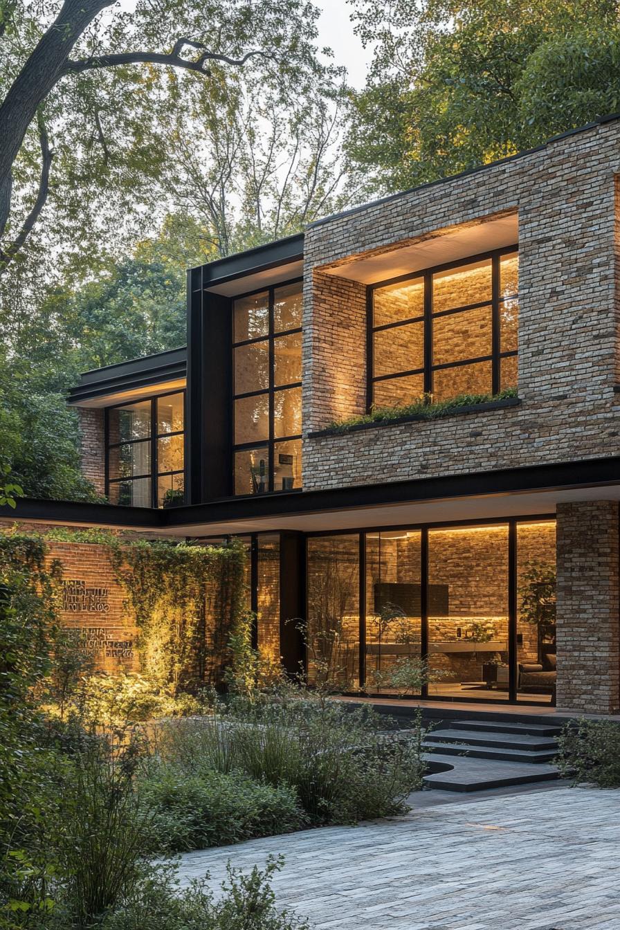 Contemporary house with large windows and lush greenery