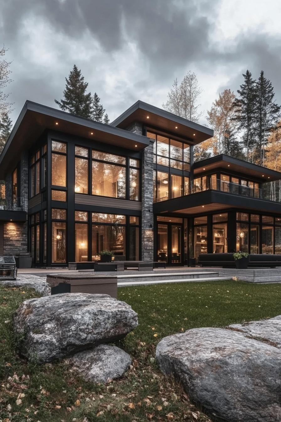 modern mansion geometric facade made of blocks large glass windows mixed siding in dark and white textures large eaves landscape with grass and 1