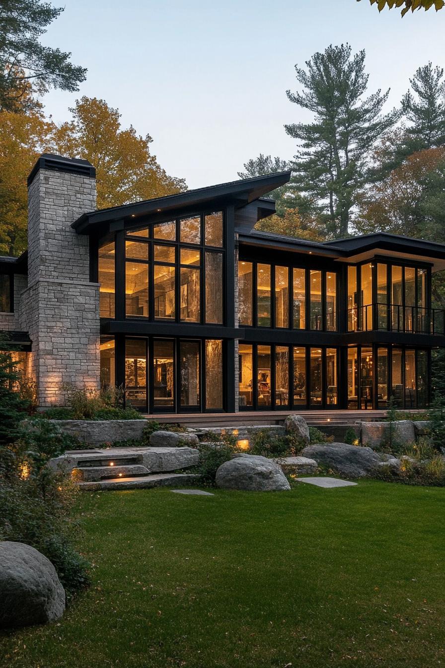 modern mansion geometric facade made of blocks large glass windows mixed siding in dark and white textures large eaves landscape with grass and 2