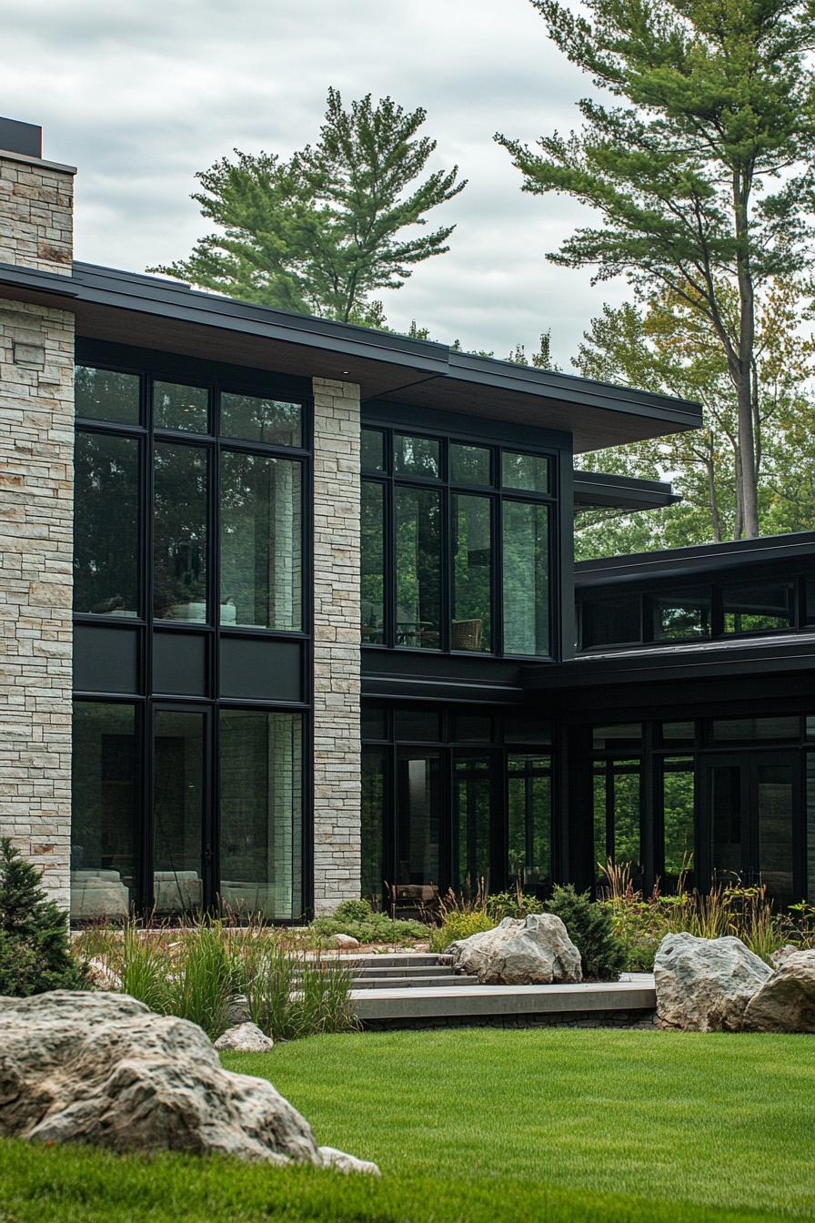 modern mansion geometric facade made of blocks large glass windows mixed siding in dark and white textures large eaves landscape with grass and 3