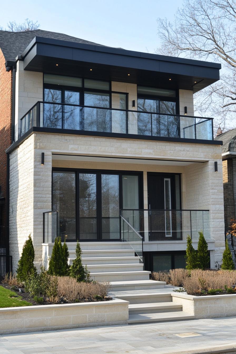 modern villa design with limestone brick siding balconies with glass railings black thick roof eaves wiht LED lights front steps with LED lights 1