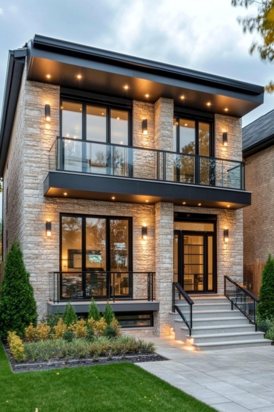 modern villa design with limestone brick siding balconies with glass railings black thick roof eaves wiht LED lights front steps with LED lights 3