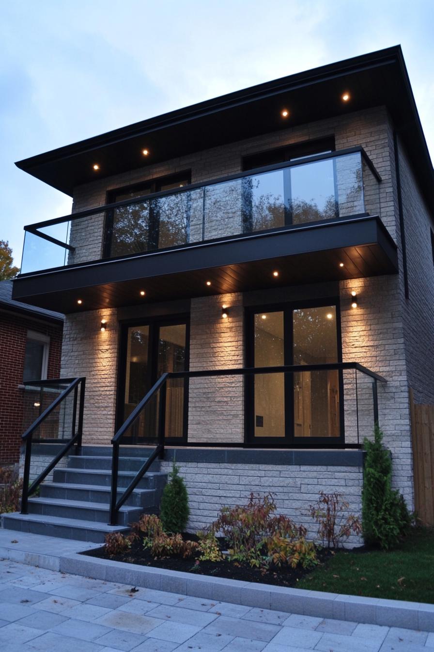 modern villa design with limestone brick siding balconies with glass railings black thick roof eaves wiht LED lights front steps with LED lights