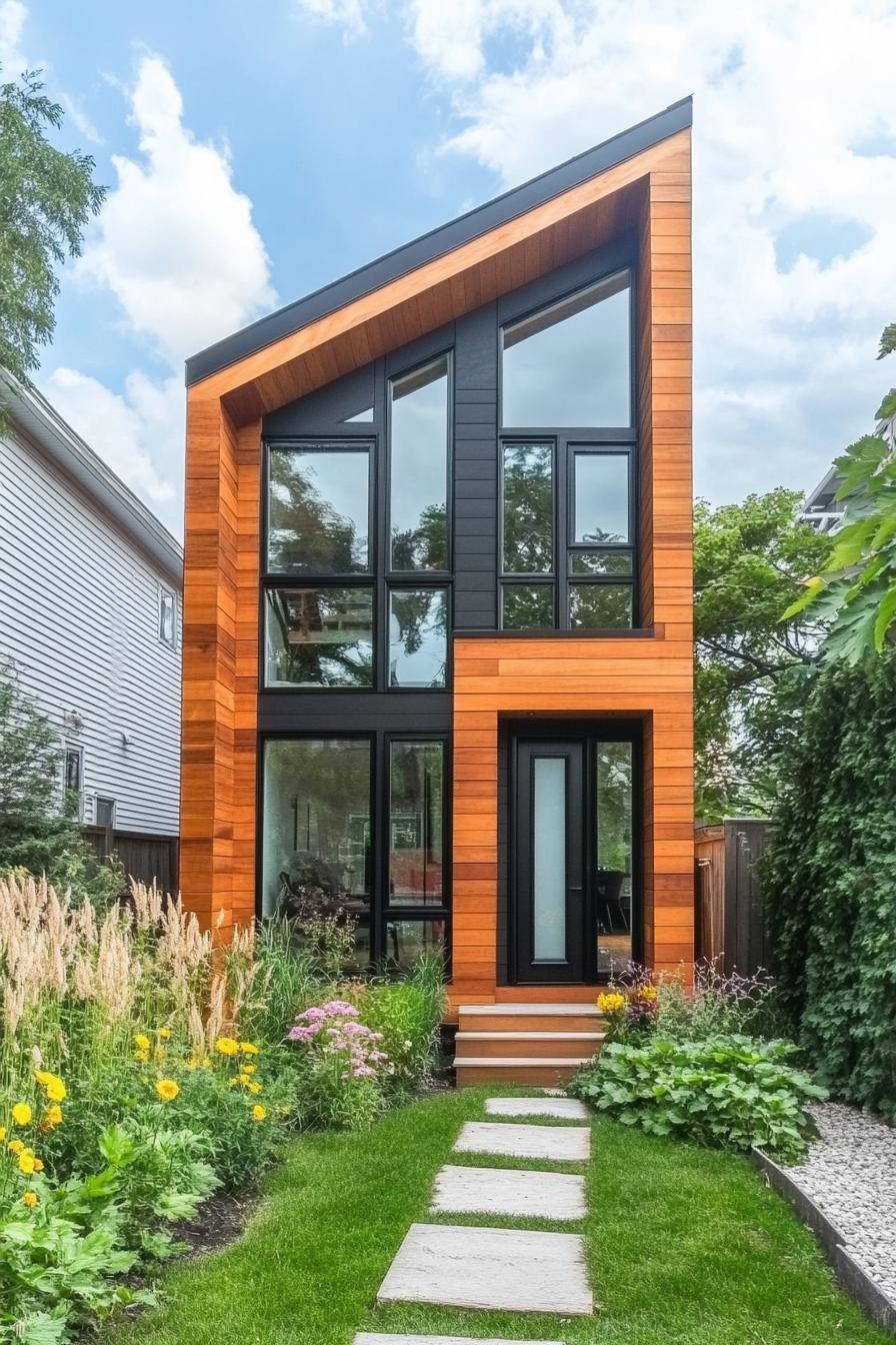 narrow modern 2 story tiny house with gemetric facade and reclaimed wood siding modern geometric windows in black trim lush front garden with 1