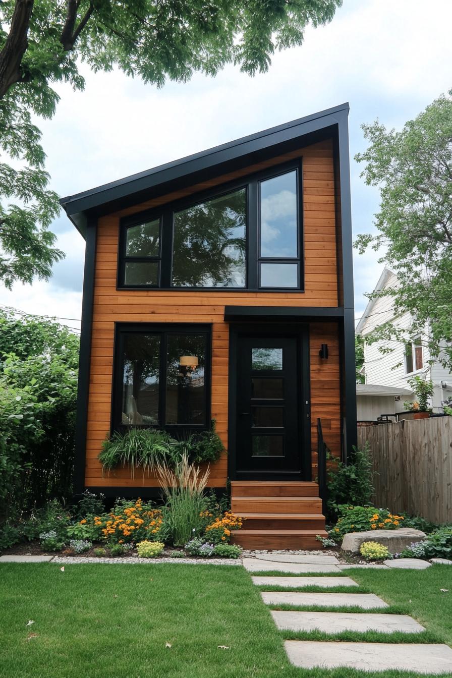 narrow modern 2 story tiny house with gemetric facade and reclaimed wood siding modern geometric windows in black trim lush front garden with 2