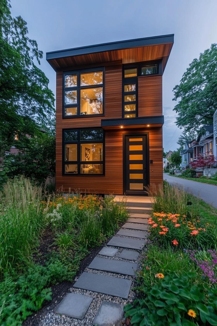 narrow modern 2 story tiny house with gemetric facade and reclaimed wood siding modern geometric windows in black trim lush front garden with 3