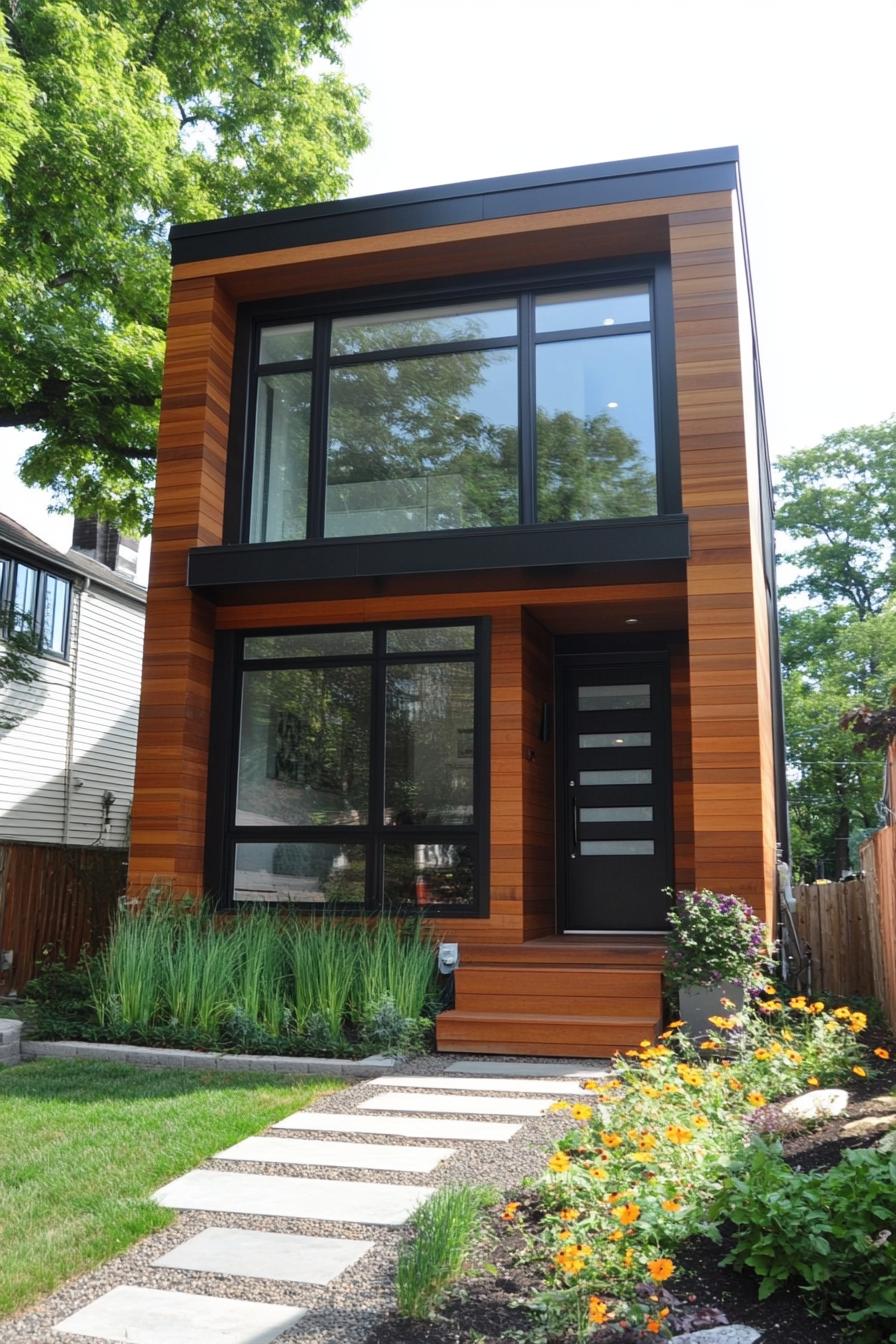 narrow modern 2 story tiny house with gemetric facade and reclaimed wood siding modern geometric windows in black trim lush front garden with