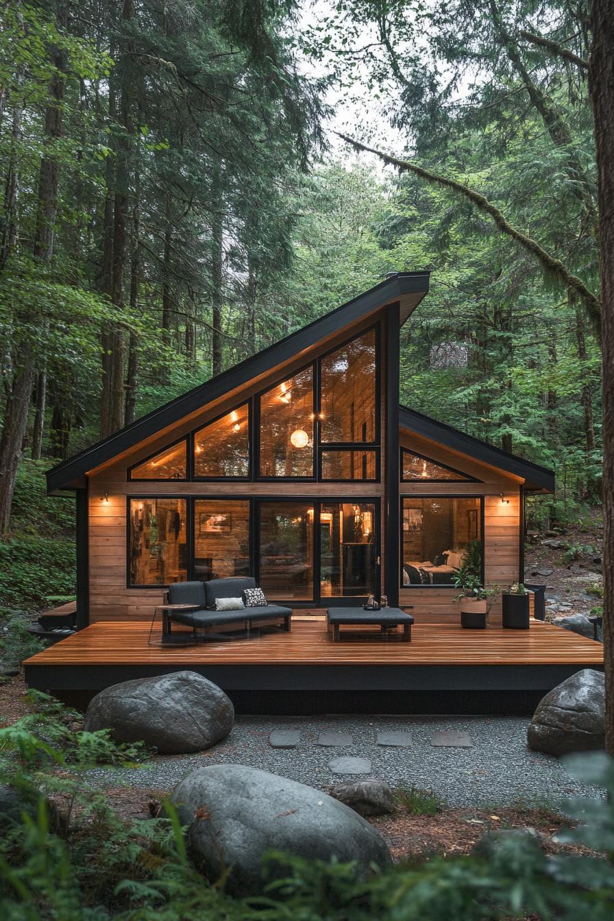 A-frame cabin with large glass windows in a forest setting