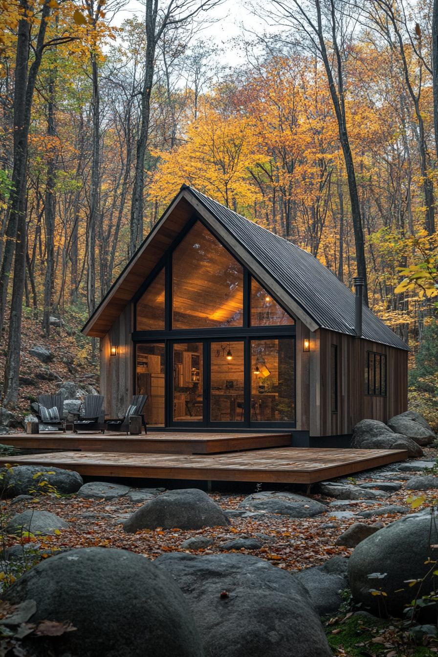 A modern A-frame cabin amidst autumn trees