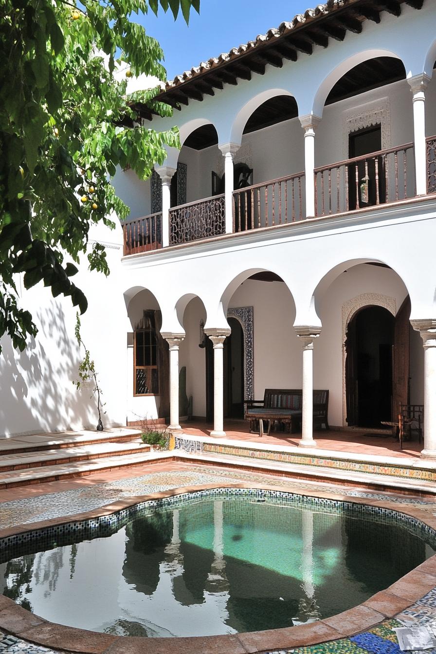 spanish style house inner courtyard house in white stucco columns and arches tiled yard small curvy pool there are mosaic steps on one side 1