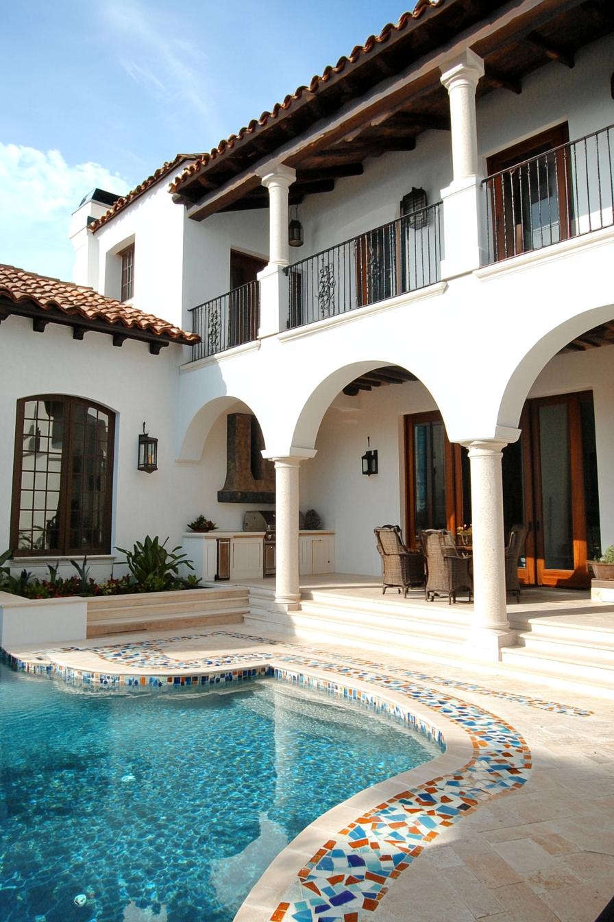 spanish style house inner courtyard house in white stucco columns and arches tiled yard small curvy pool there are mosaic steps on one side 2