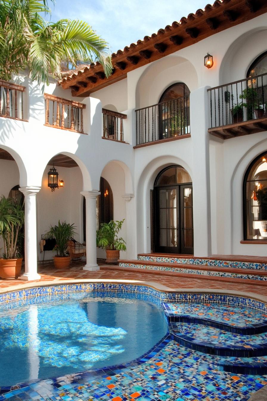 spanish style house inner courtyard house in white stucco columns and arches tiled yard small curvy pool there are mosaic steps on one side 3