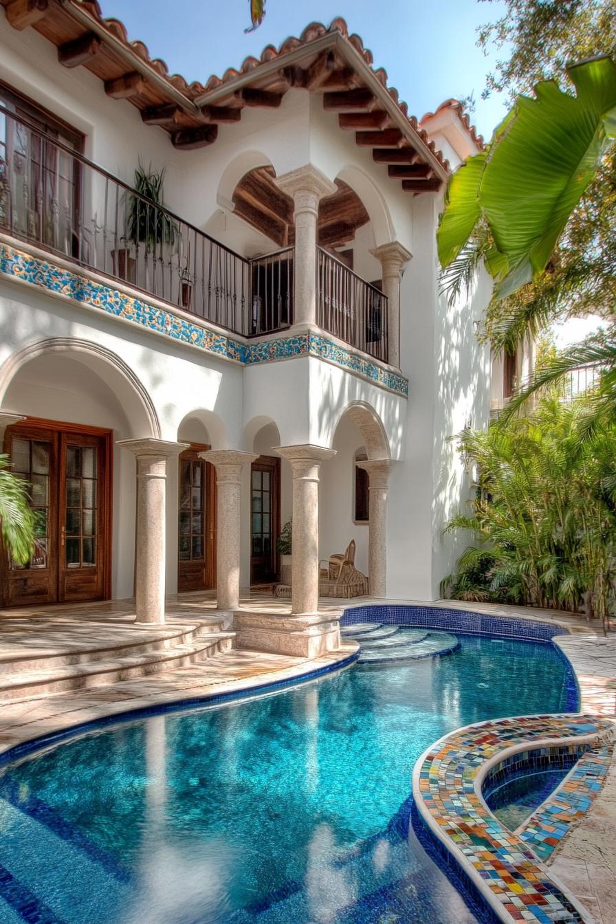 spanish style house inner courtyard house in white stucco columns and arches tiled yard small curvy pool there are mosaic steps on one side