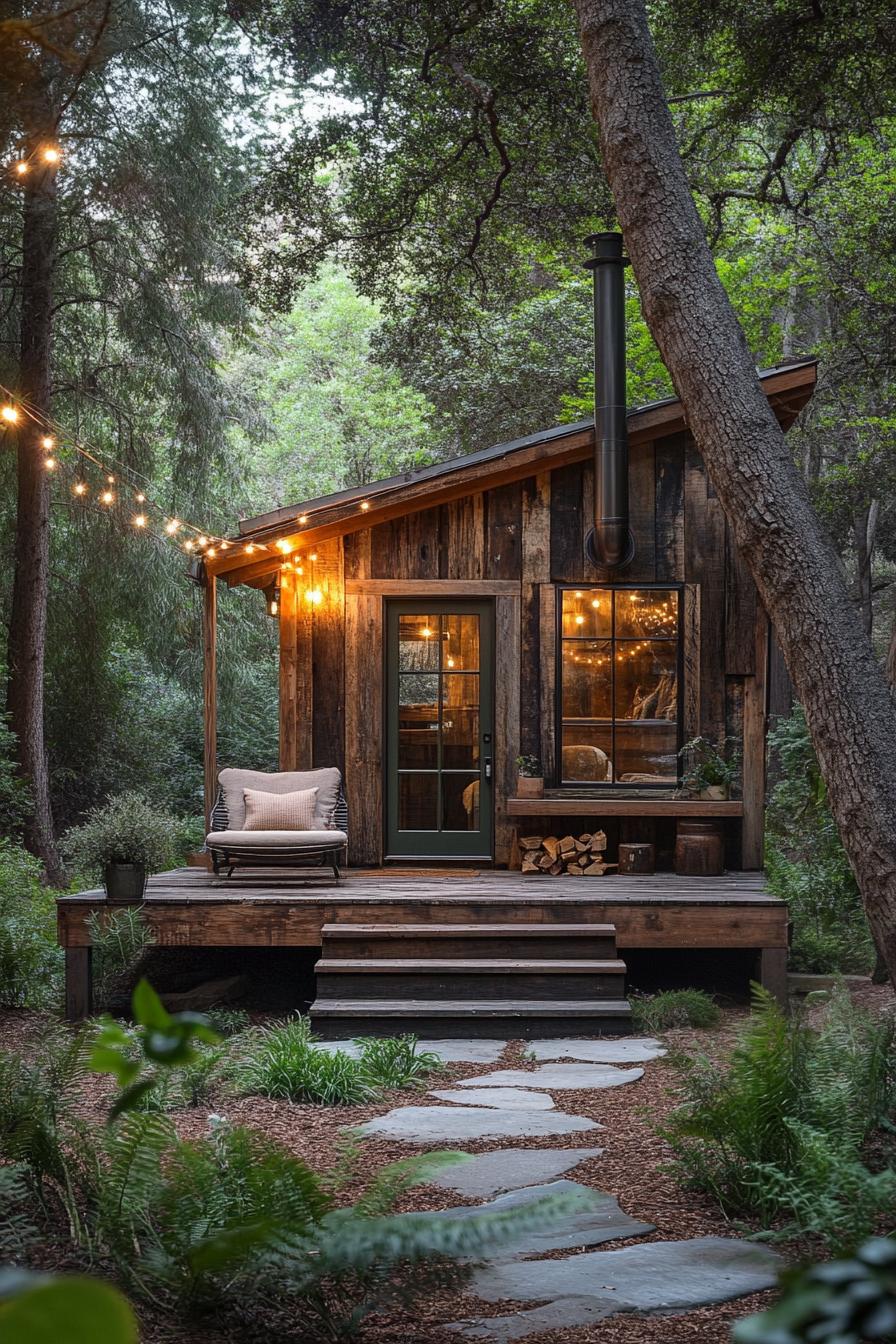 Rustic cabin with warm lights nestled in a forest