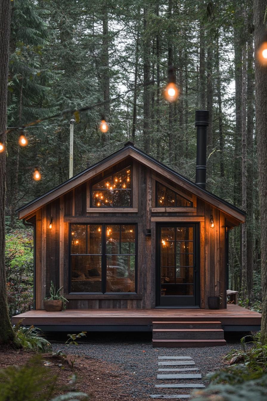 Cozy cabin nestled in a forest with glowing string lights